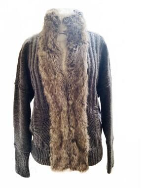 DKNY Women’s Gray Knit Cardigan with Faux Fur Trim Size M